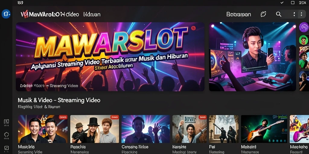 Antarmuka MAWARSLOT menampilkan berbagai pilihan video musik dan acara live.